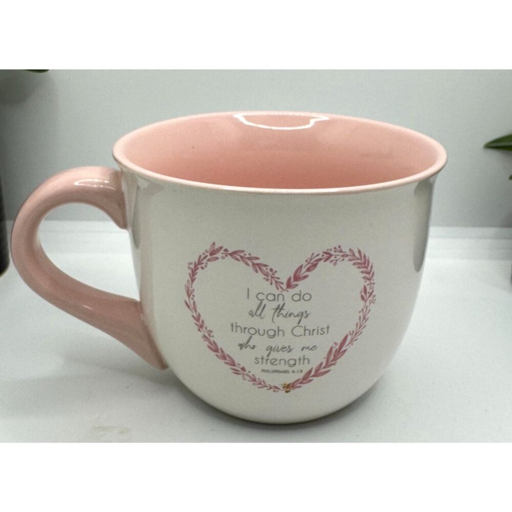 Inspirational Philippians 4:6 Ceramic Mug 16 Oz White & Peach